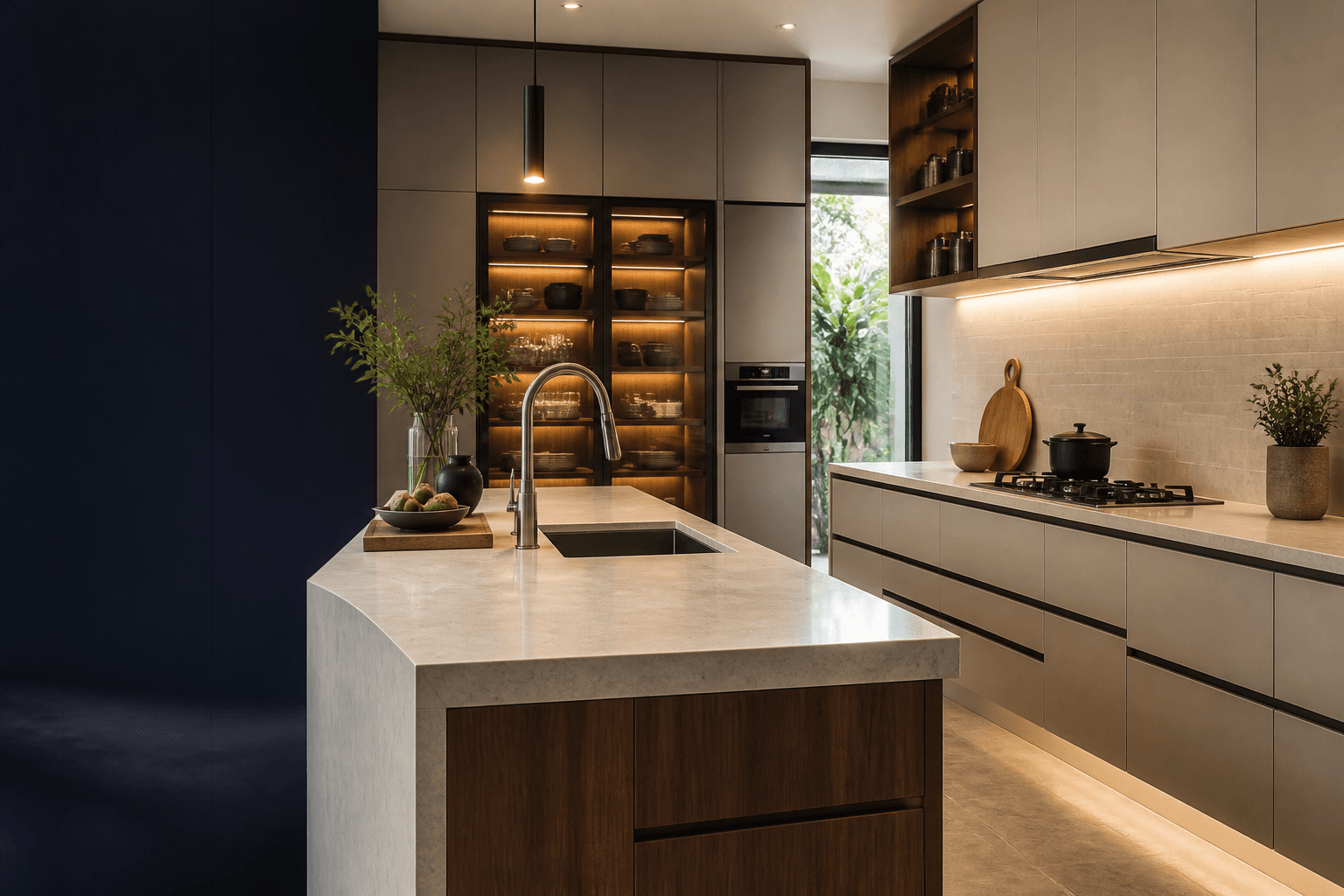 Premium modular kitchen with sink, countertop and cabinet details